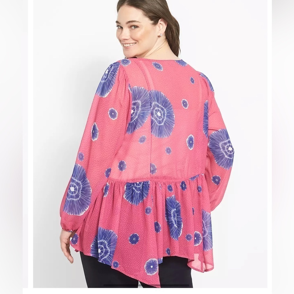 Lane Bryant Batik Floral Babydoll Blouse Pink Purple Sheer V-Neck Size 18/20 - Picture 3 of 9